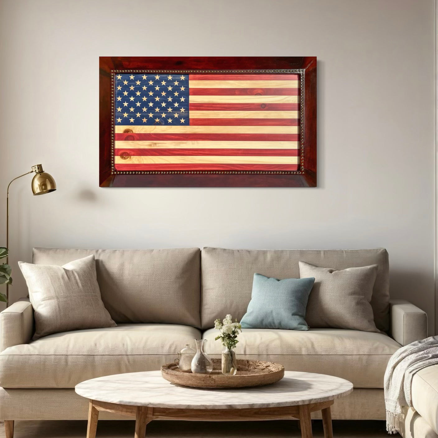 Wooden American Flag framed in a beautiful leather frame with upholstery nails.