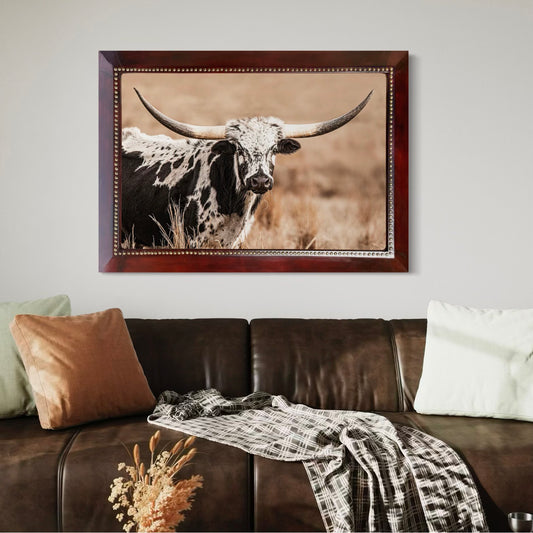 Leather framed longhorn cow photograph