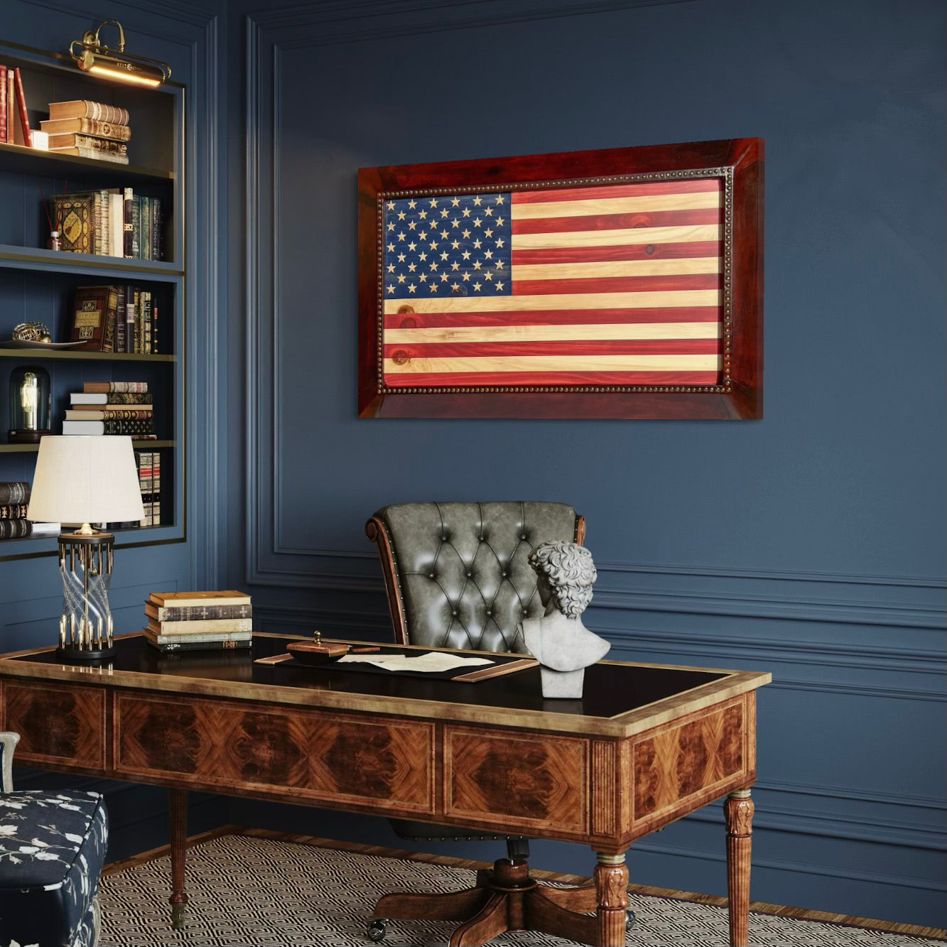 Wooden American Flag framed in a beautiful leather frame with upholstery nails.