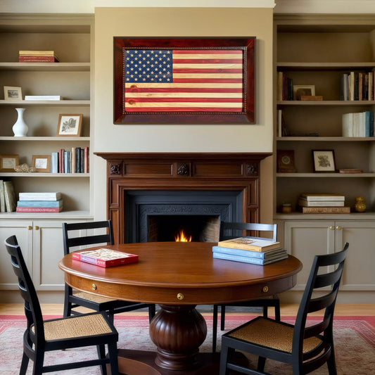 Wooden American Flag framed in a beautiful leather frame with upholstery nails.